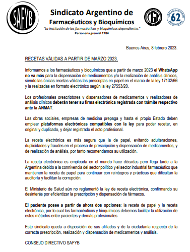 EL SINDICATO ARGENTINO DE FARMACEUTICOS Y BIOQUIMICOS INFORMA QUE DESDE  MARZO NO VAN MAS LAS RECETAS VIA WHATSAPP. SERAN VALIDA SI SON DE PAPEL O  FORMATO ELECTRÓNIC0 | El Provincial